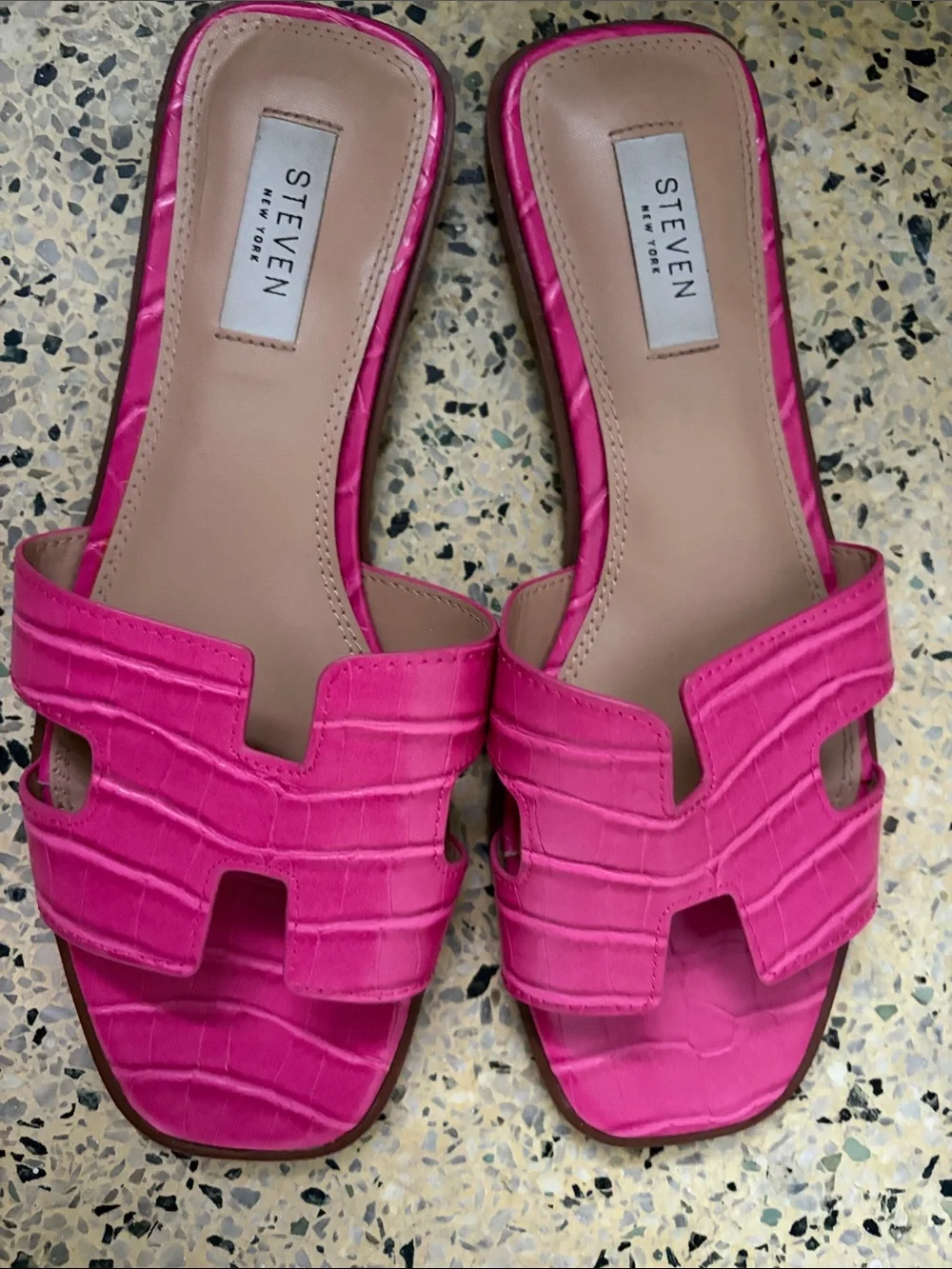 Hot Pink Croc-Texture Slide Sandals